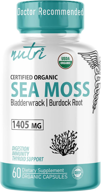 Nutri Certified Organic Sea Moss Capsules - – Musgo de mar orgánico (500 mg por dosis): fuente natural de yodo, – Image 1