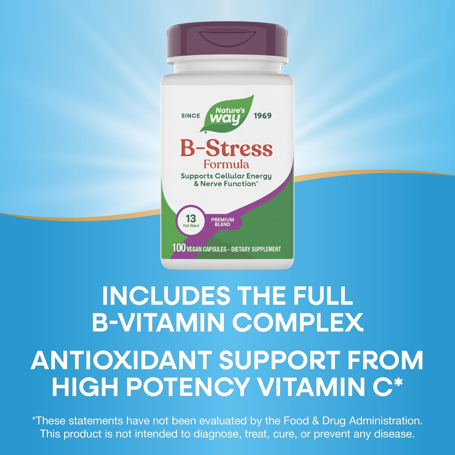 Nature's Way B-Stress Formula - Complejo de Vitaminas B con Vitamina C, B12, B6 y más - 100 Cápsulas Veganas