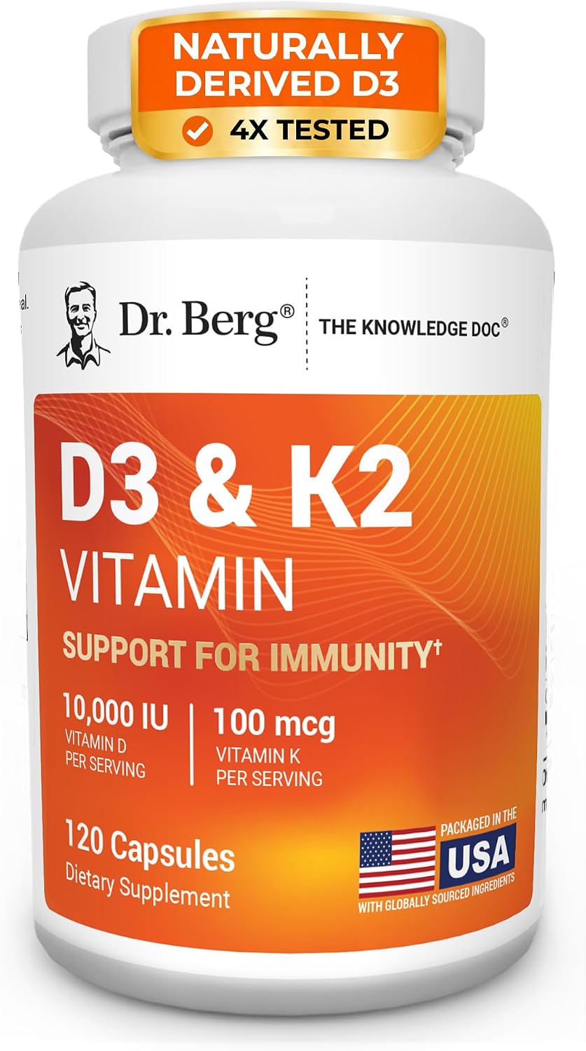 Dr. Berg Maximum Strength 7 en 1 Vitamina D3 K2 5000 UI | D3 de Origen Natural | 4X Analizado y Verificado en Laboratorio | Fórmula de Alta Absorción | 60 Cápsulas