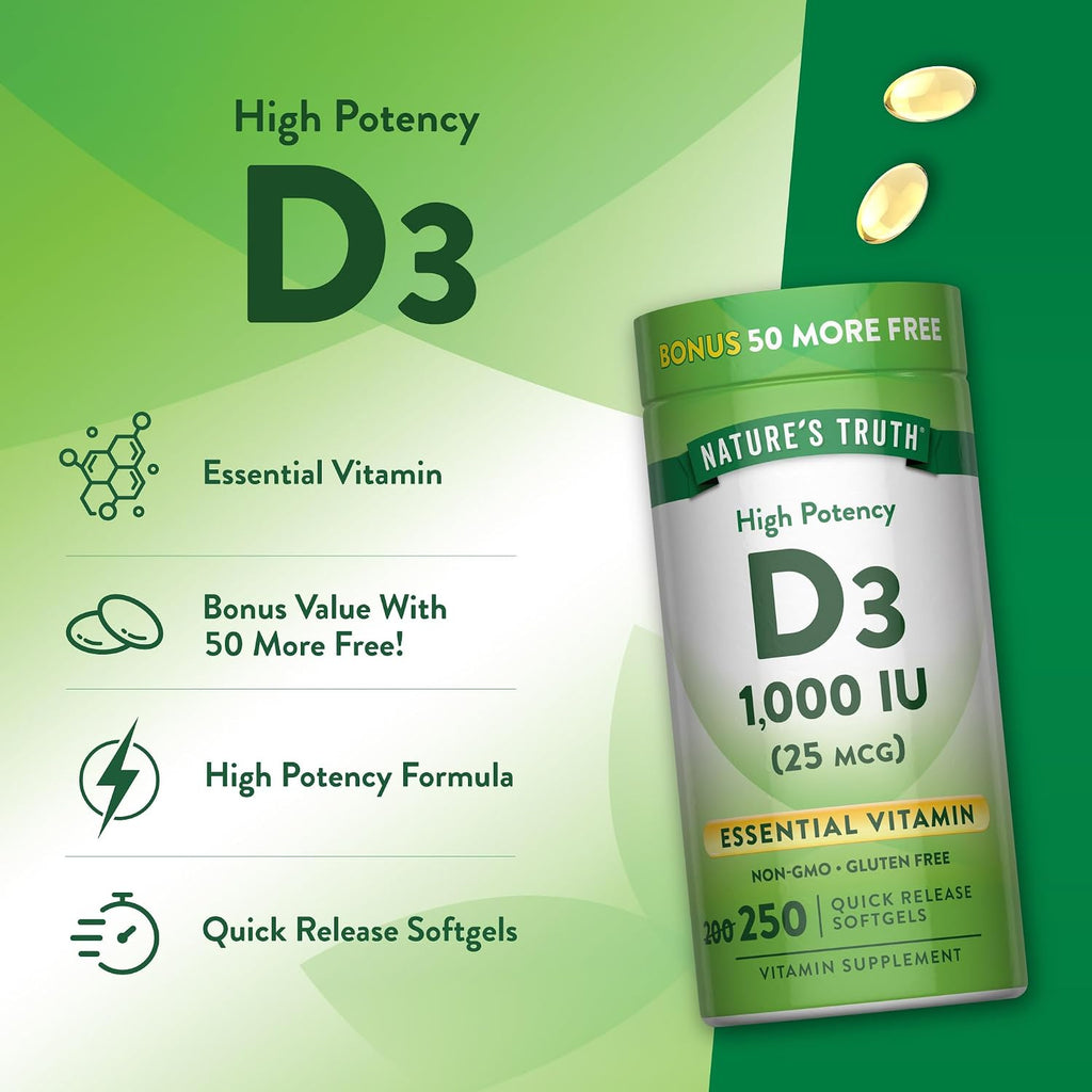 Nature's Truth Vitamina D3 1000 UI - 250 Cápsulas Blandas - Suplemento Esencial de Vitamina D - Sin OGM y Sin Gluten