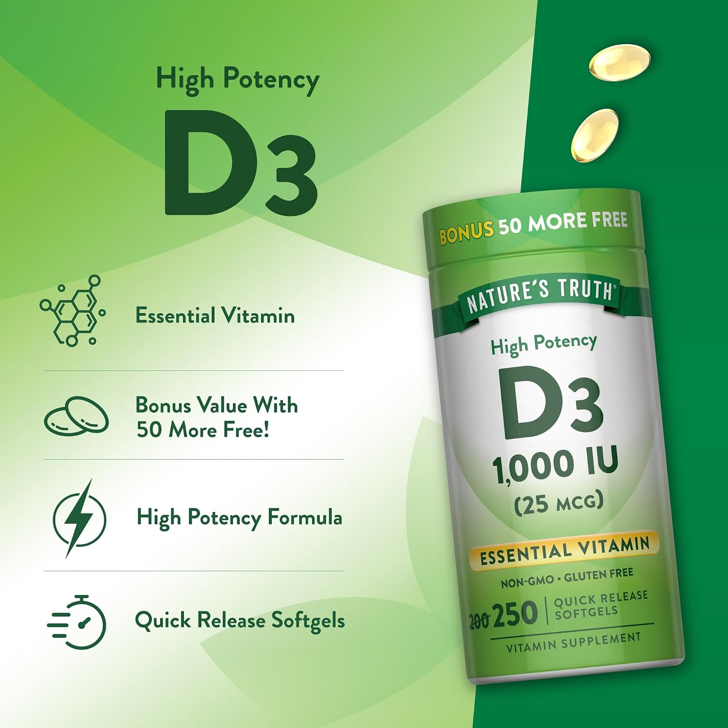 Nature's Truth Vitamina D3 1000 UI - 250 Cápsulas Blandas - Suplemento Esencial de Vitamina D - Sin OGM y Sin Gluten