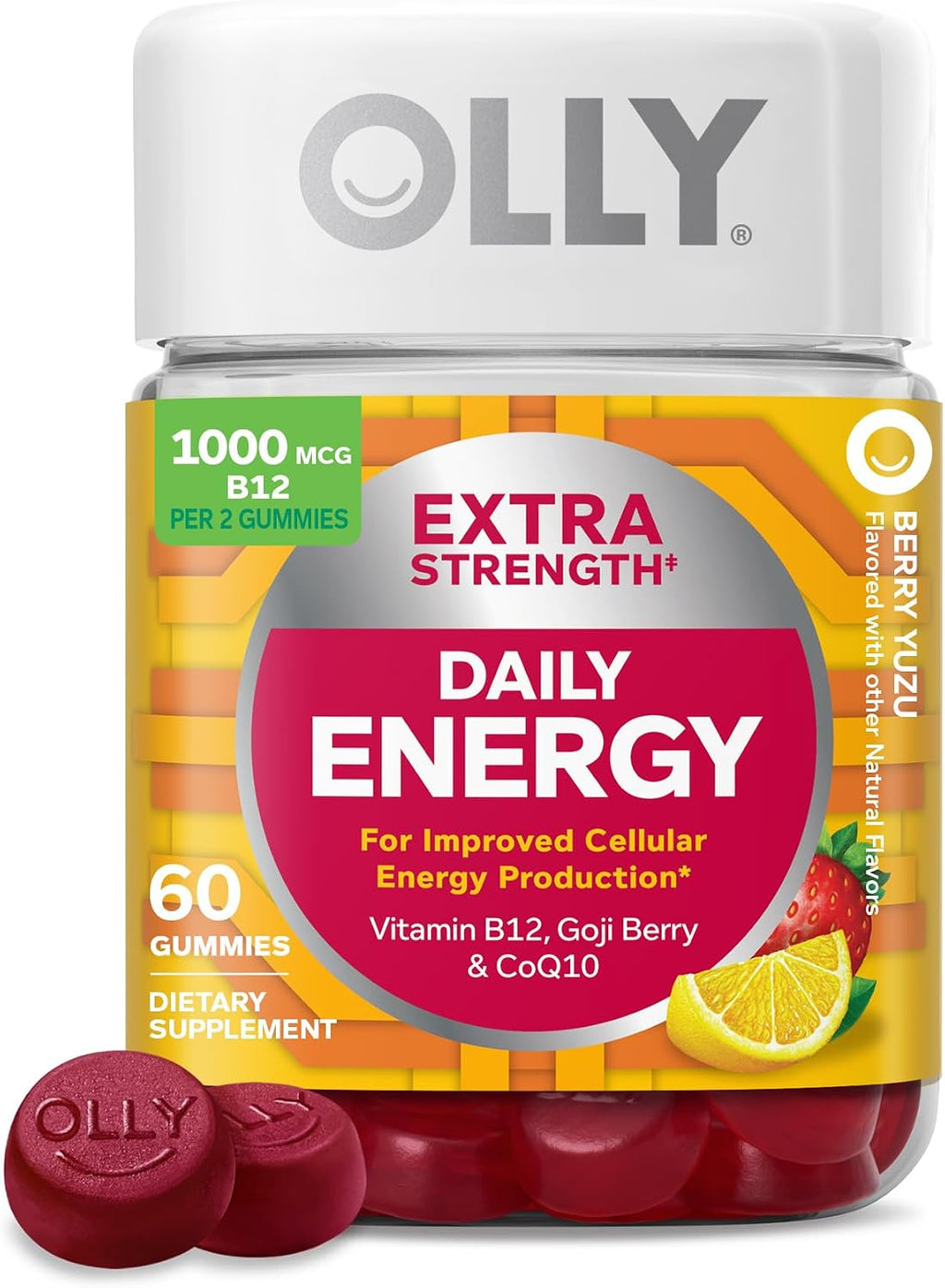OLLY Extra Strength Daily Energy Gominolas de Vitamina B12, CoQ10 y Goji Berry - Sin Cafeína - 60 Gominolas Sabor Berry Yuzu