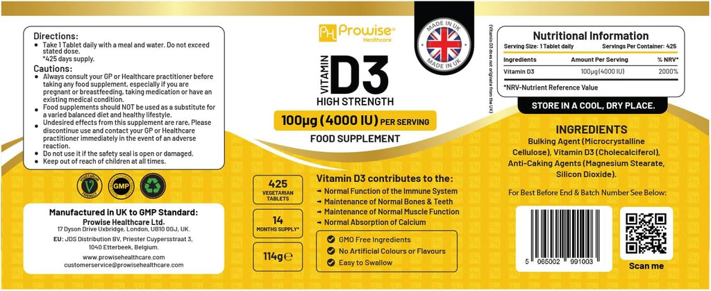 Vitamina D3 4000 UI Alta Potencia - 425 Comprimidos Vegetarianos (14 Meses de Suministro) - Prowise Healthcare