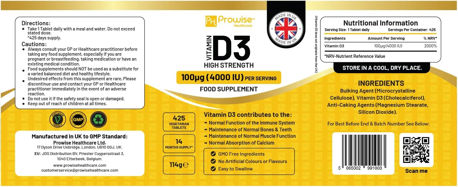 Vitamina D3 4000 UI Alta Potencia - 425 Comprimidos Vegetarianos (14 Meses de Suministro) - Prowise Healthcare