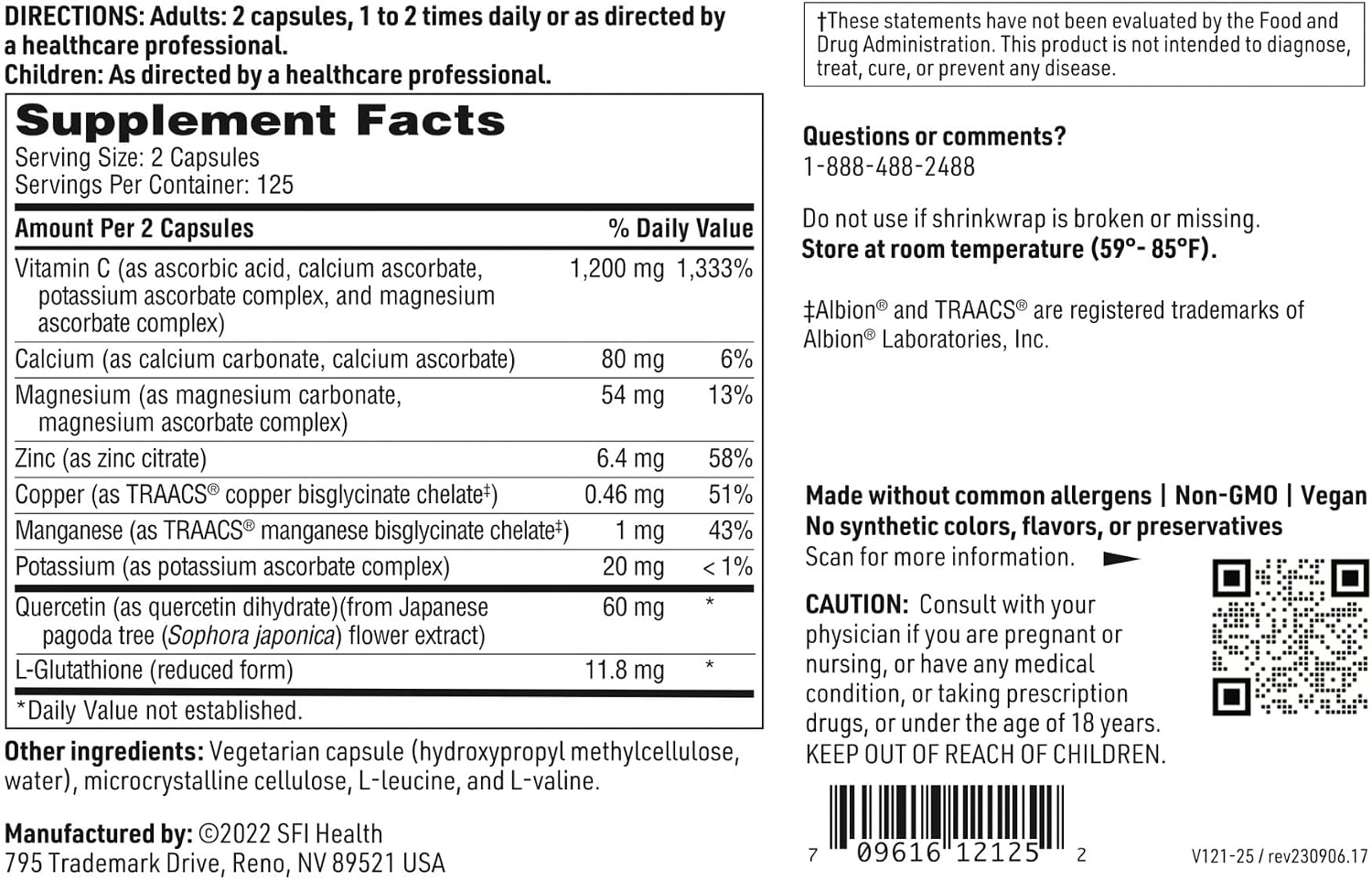 Klaire Labs Vitamina C Tamponada con Quercetina y L-Glutation – 250 Cápsulas Hipoalergénicas