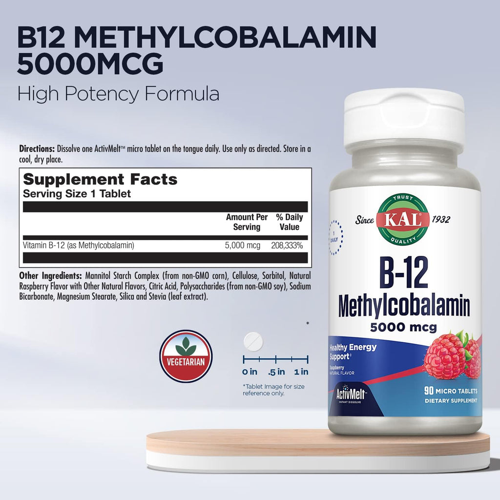 KAL Vitamina B12 Metilcobalamina 5000 mcg, Comprimidos sublinguales ActivMelts, Sabor natural a frambuesa, 90 unidades