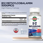KAL Vitamina B12 Metilcobalamina 5000 mcg, Comprimidos sublinguales ActivMelts, Sabor natural a frambuesa, 90 unidades