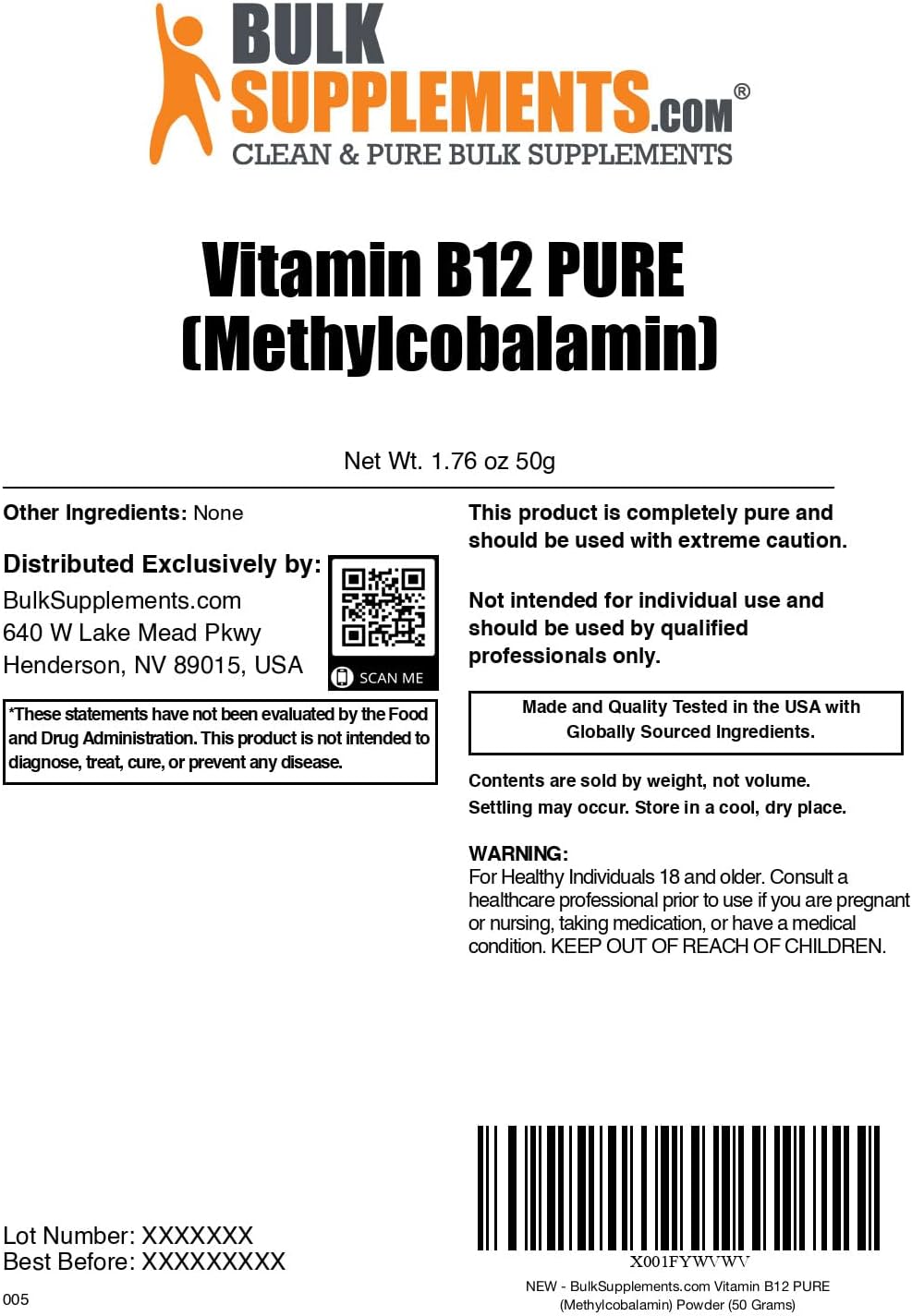 Pure Methylcobalamin B12 Powder - 200 mcg per serving - 50 Grams