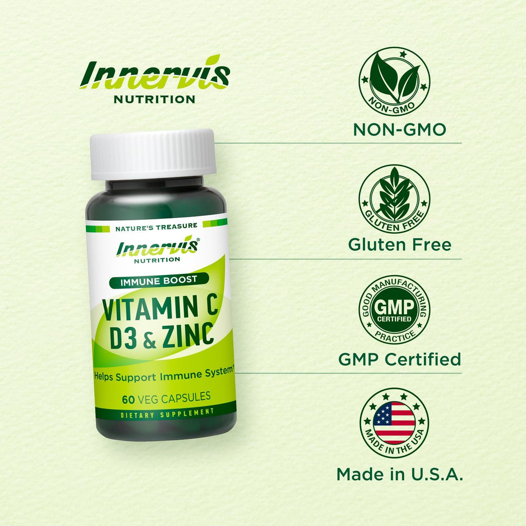 Immune Boost Complex – Vitamina C 900mg, D3 2500 UI y Zinc 25mg – Apoyo al Sistema Inmunitario – 60 Cápsulas Vegetales – Innervis Nutrition