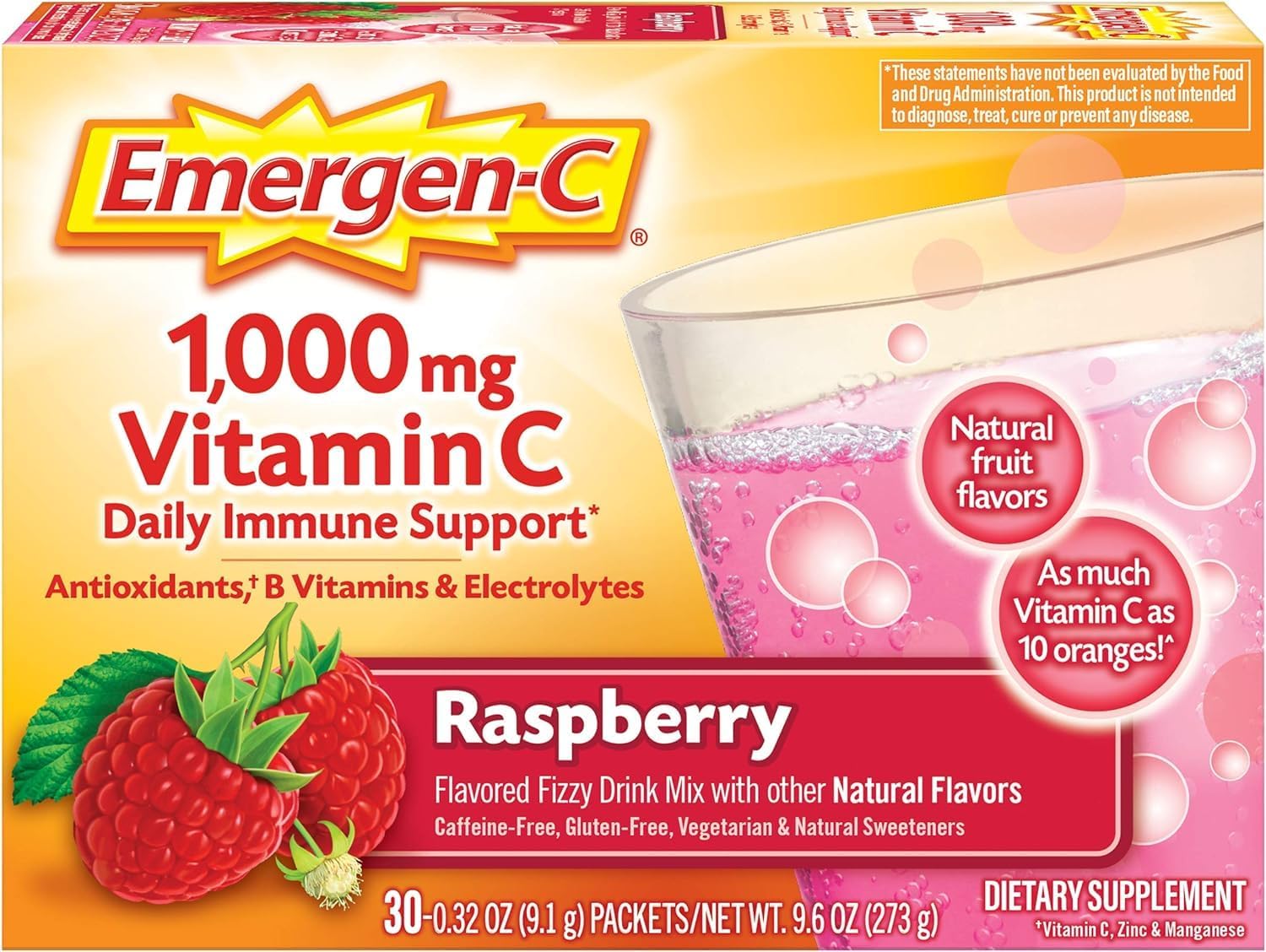 Emergen-C 1000mg Vitamina C en Polvo - Sabor Frambuesa - 30 sobres