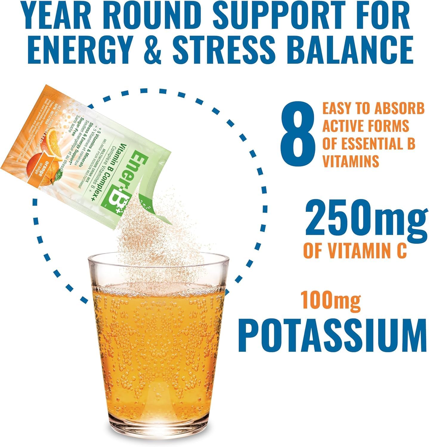 Ener-B+ Bebida Multivitamínica Sin Azúcar - Sabor Naranja - 30 Sobres