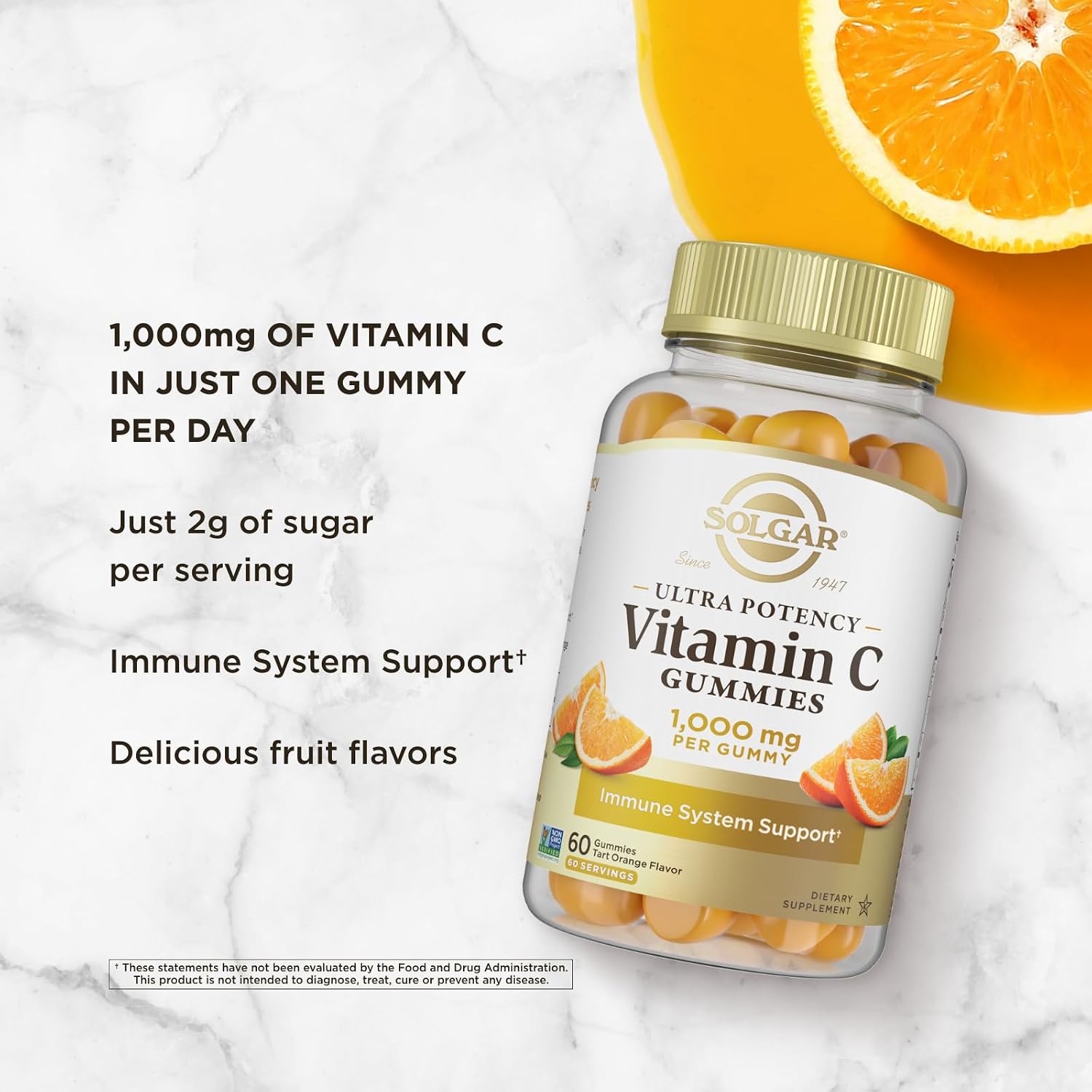 Solgar Vitamina C Gominolas 1000 mg para Adultos - Sabor Naranja Ácida, Vegano y Sin Gluten, 60 Gominolas (2 Meses)