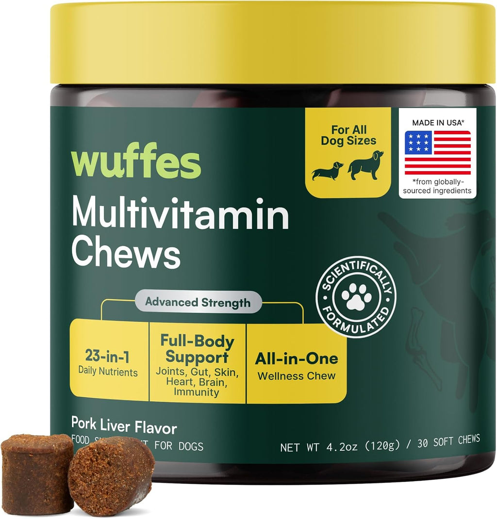 Wuffes 23-in-1 Multivitamínico para Perros en Golosinas Masticables – Apoyo para Piel y Pelaje, Inmunidad y Salud Digestiva – con Omega-3, Hierro y Zinc – 60 unidades
