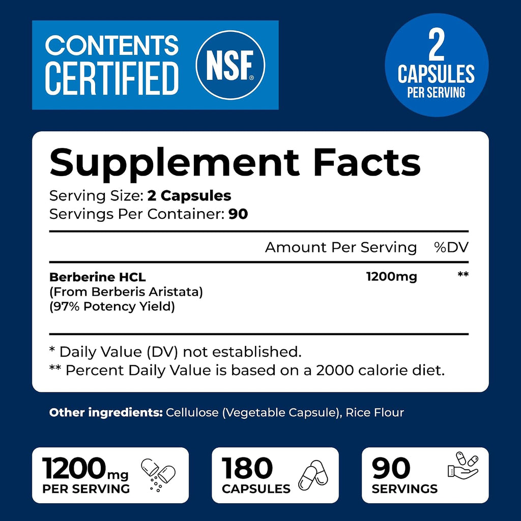 Berberina HCL 1200 mg, Certificado NSF, 180 Cápsulas Vegetales