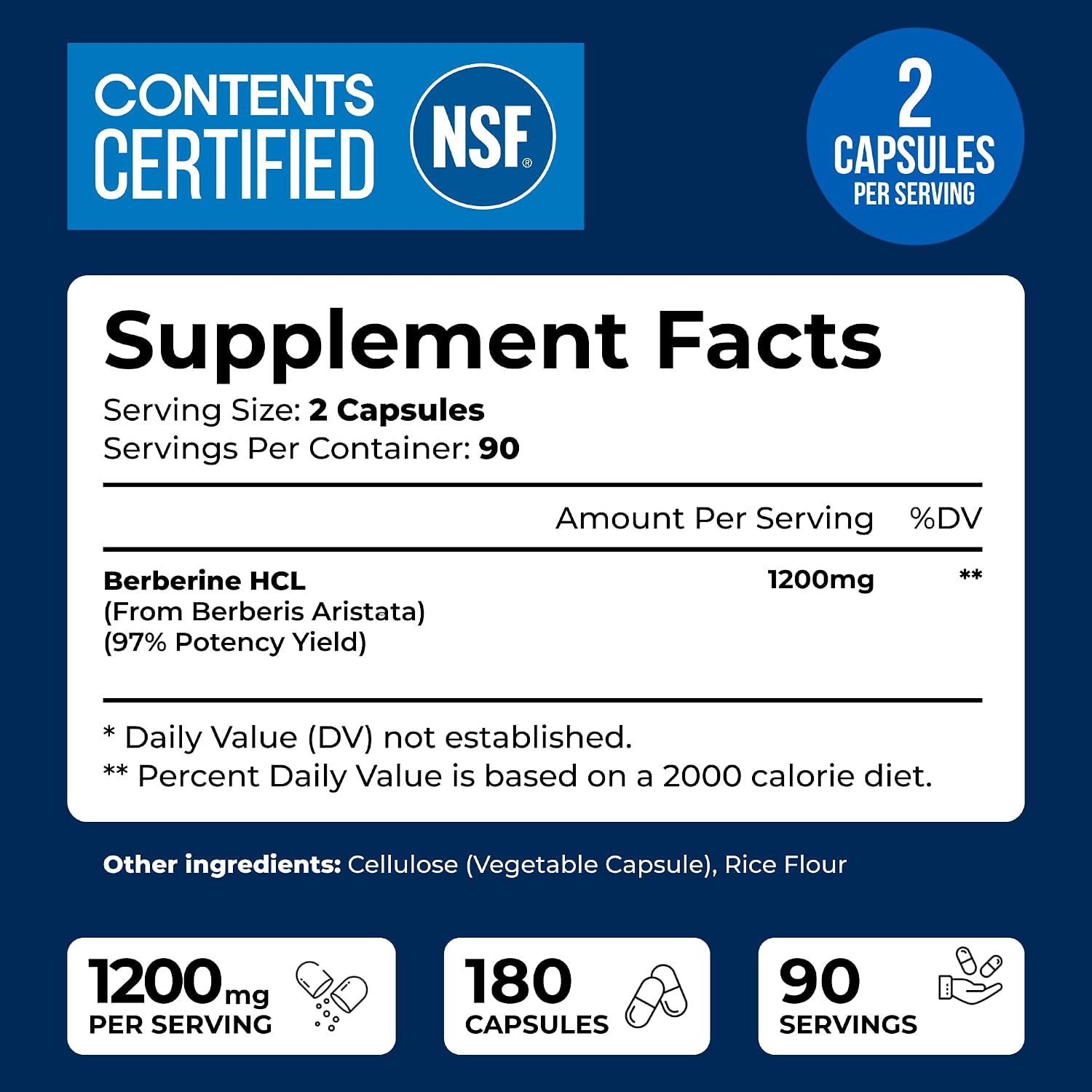 Berberina HCL 1200 mg, Certificado NSF, 180 Cápsulas Vegetales