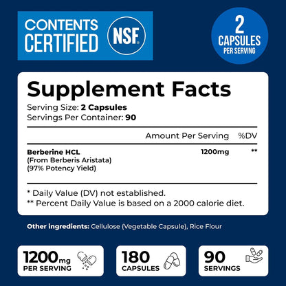 Berberina HCL 1200 mg, Certificado NSF, 180 Cápsulas Vegetales – Image 3