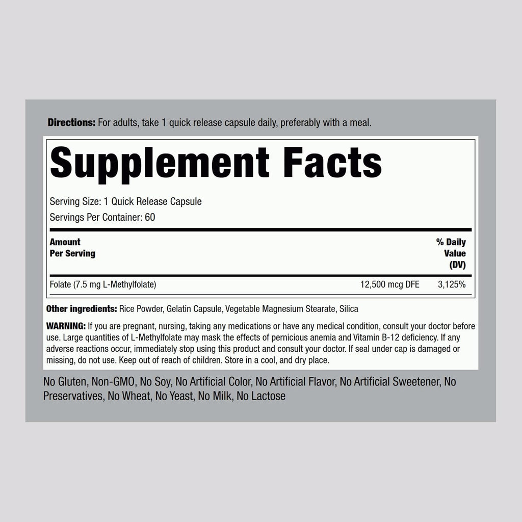 Piping Rock L-Methylfolate 7.5 mg | 60 Cápsulas | Complemento de Potencia Extra | Ácido Fólico Activo | Non-GMO, Sin Gluten