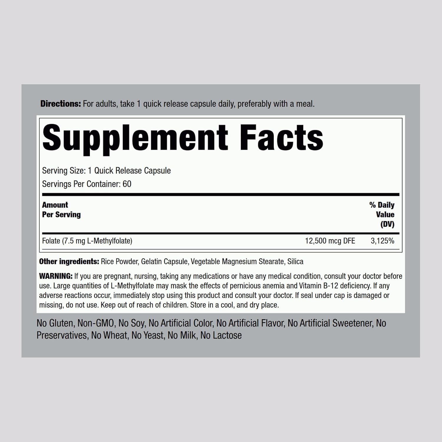 Piping Rock L-Methylfolate 7.5 mg | 60 Cápsulas | Complemento de Potencia Extra | Ácido Fólico Activo | Non-GMO, Sin Gluten