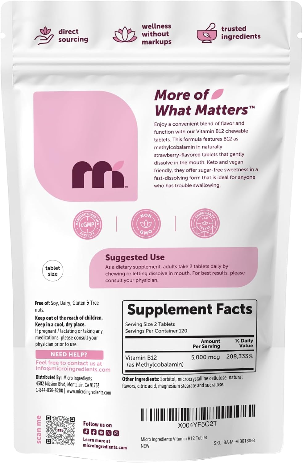Micro Ingredients Vitamina B12 5000 mcg Metilcobalamina – 240 Comprimidos Masticables Sabor Fresa