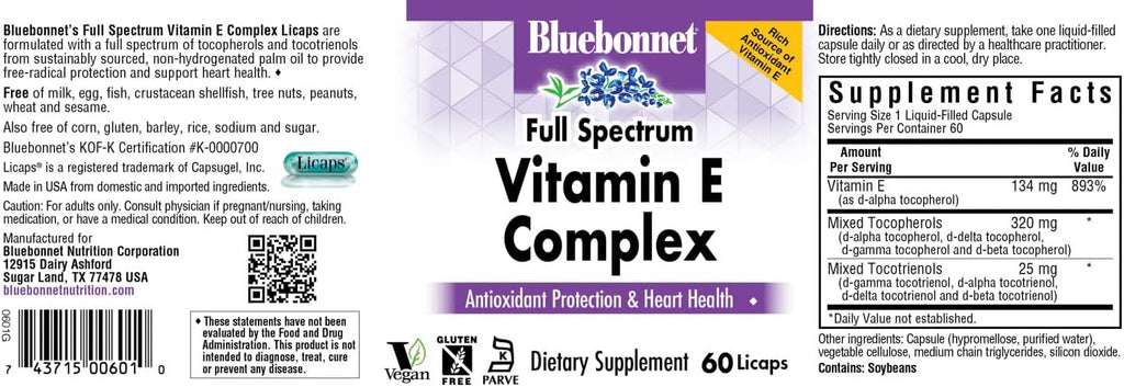 BlueBonnet Complejo de Vitamina E de Espectro Completo 200 UI - Suplemento Antioxidante con D-Alfa Tocoferoles y D-Gamma Tocotrienoles - Sin Gluten, Vegano - 60 Cápsulas Blandas
