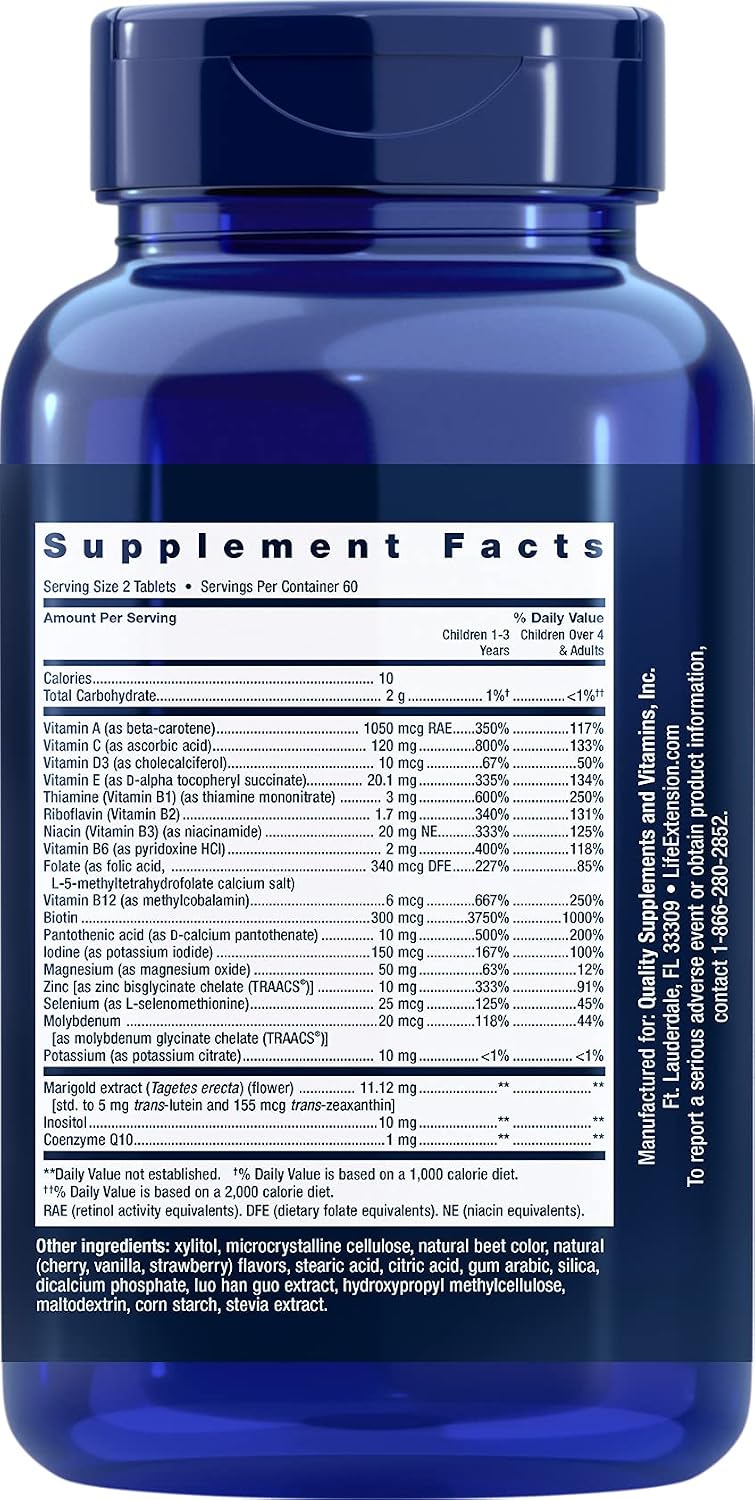 Life Extension Children's Formula Mix™ Multivitamínico para niños, 18 vitaminas y minerales, sabor a bayas, 120 comprimidos masticables