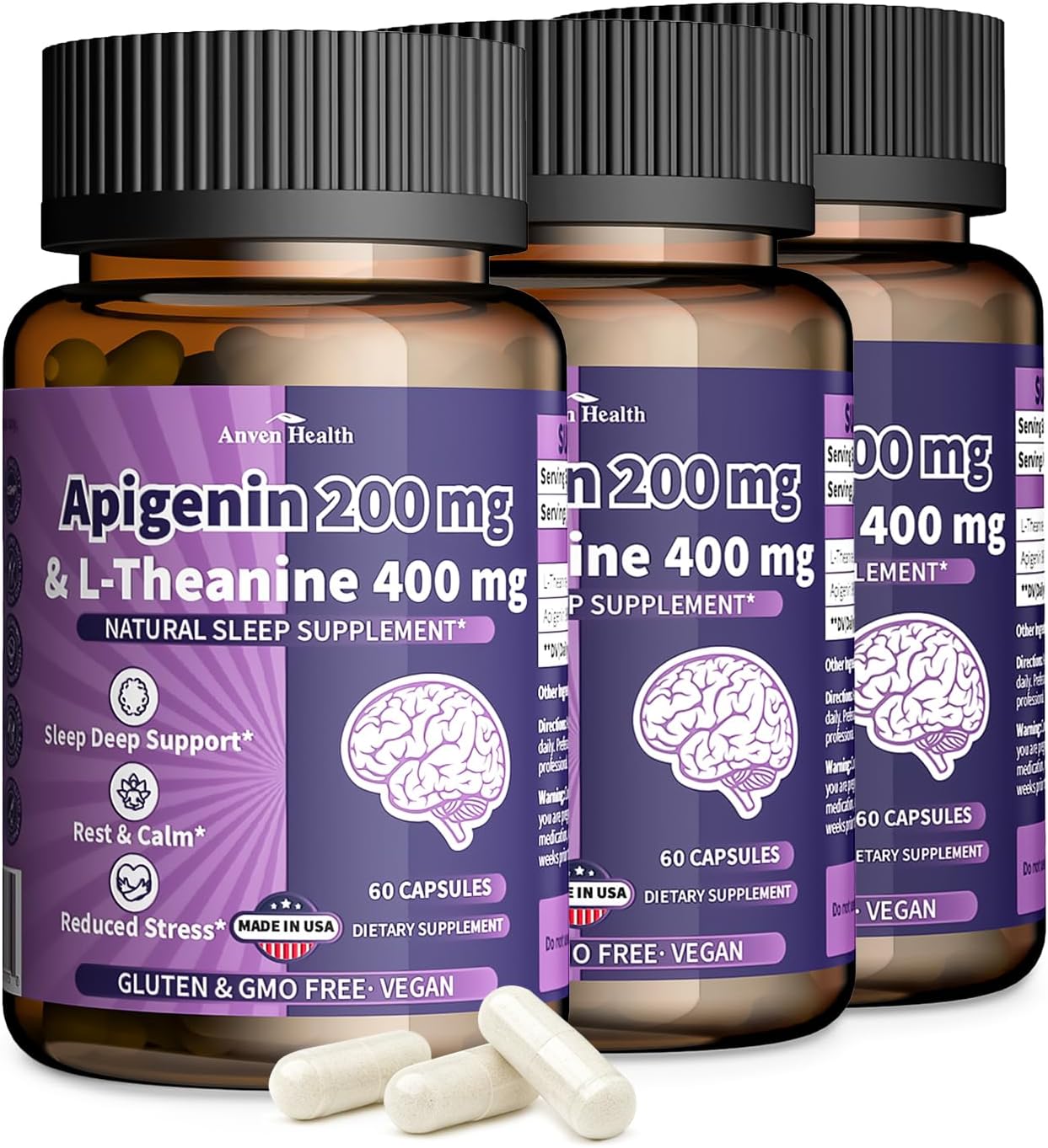 Anven Health L-Theanine 400mg con Apigenina 200mg – 180 Cápsulas Vegetales