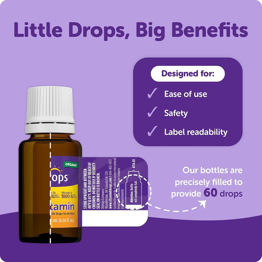 Ddrops® Kids Organic Liquid Vitamins – Gotas Orgánicas de Vitaminas A y D para Niños, 60 Gotas