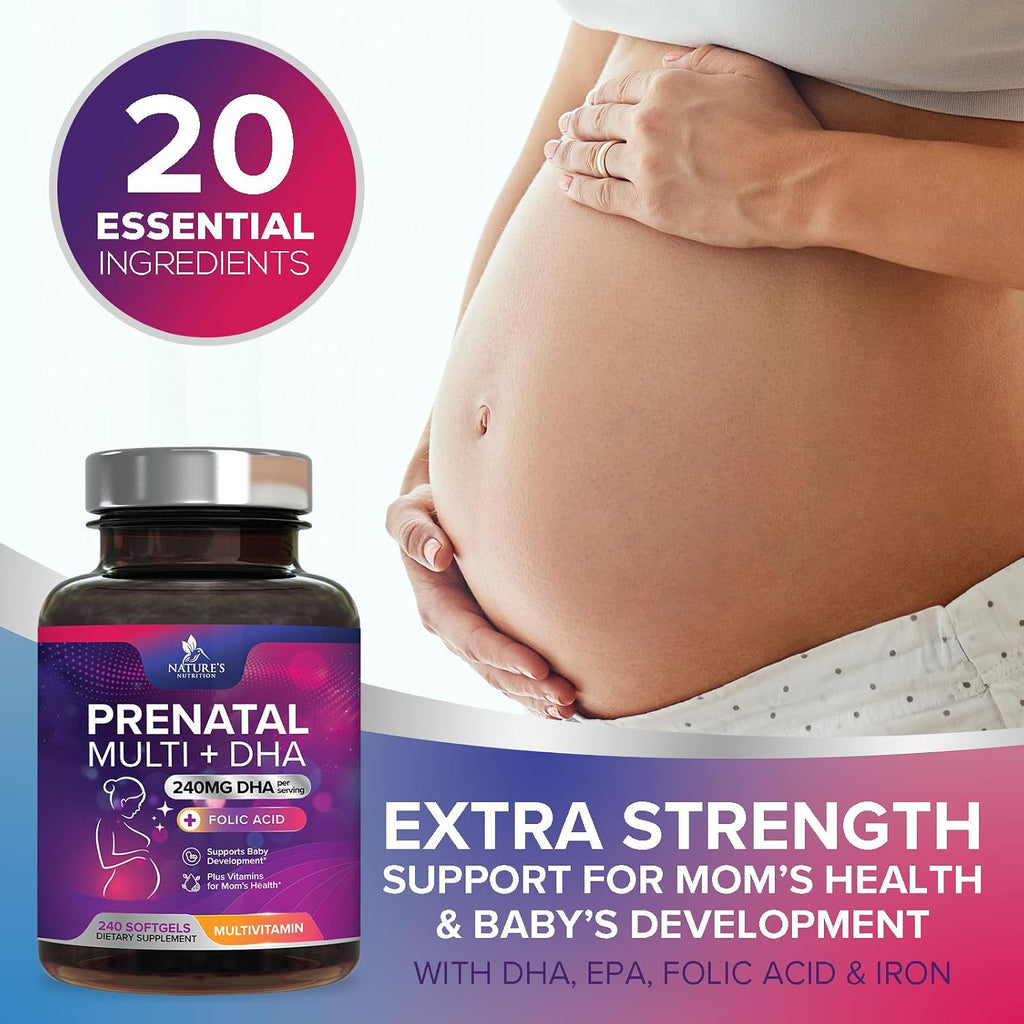 Vitaminas Prenatales con Ácido Fólico y Omega 3 DHA - Suplemento Multivitamínico para el Embarazo - 240 Cápsulas Blandas
