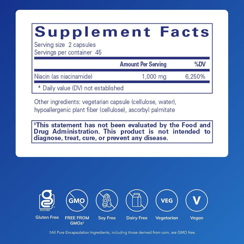 Pure Encapsulations Niacinamida | Vitamina B3 para el metabolismo energético y la movilidad articular | 90 Cápsulas