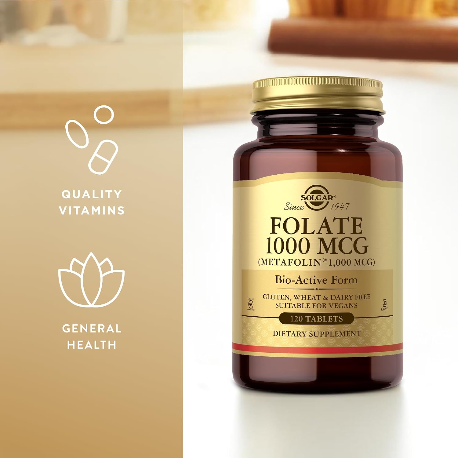 Solgar Folato 1000 mcg - 120 Comprimidos - Metafolin Bioactivo - Vegano, Sin Gluten, Sin Lácteos, Kosher - 120 Dosis