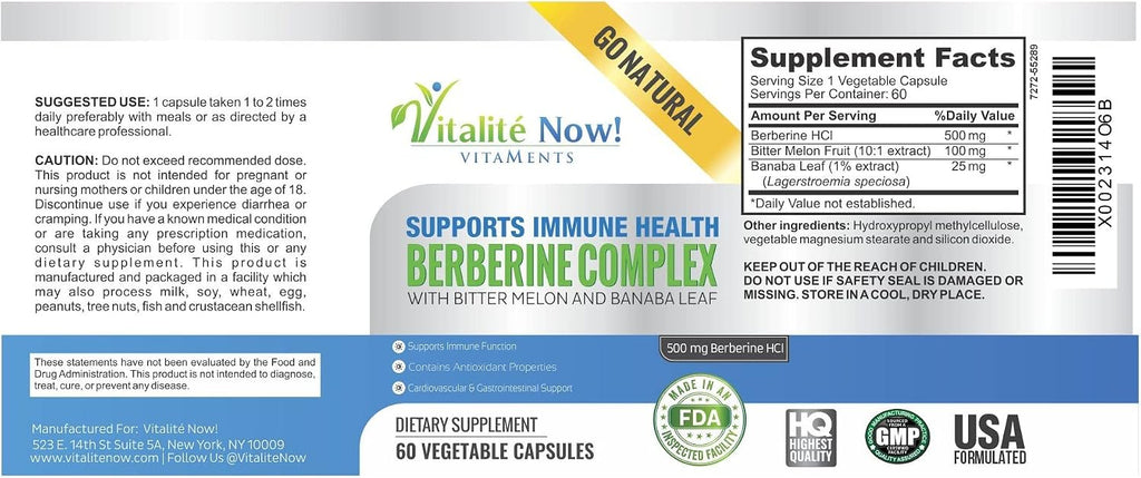 Berberina de Alta Potencia 500 mg + Melón Amargo y Banaba - Apoyo al Sistema Inmunitario - Salud Cardiovascular y Gastrointestinal - 60 Cápsulas Vegetarianas