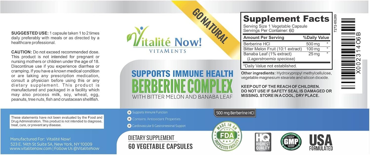 Berberina de Alta Potencia 500 mg + Melón Amargo y Banaba - Apoyo al Sistema Inmunitario - Salud Cardiovascular y Gastrointestinal - 60 Cápsulas Vegetarianas