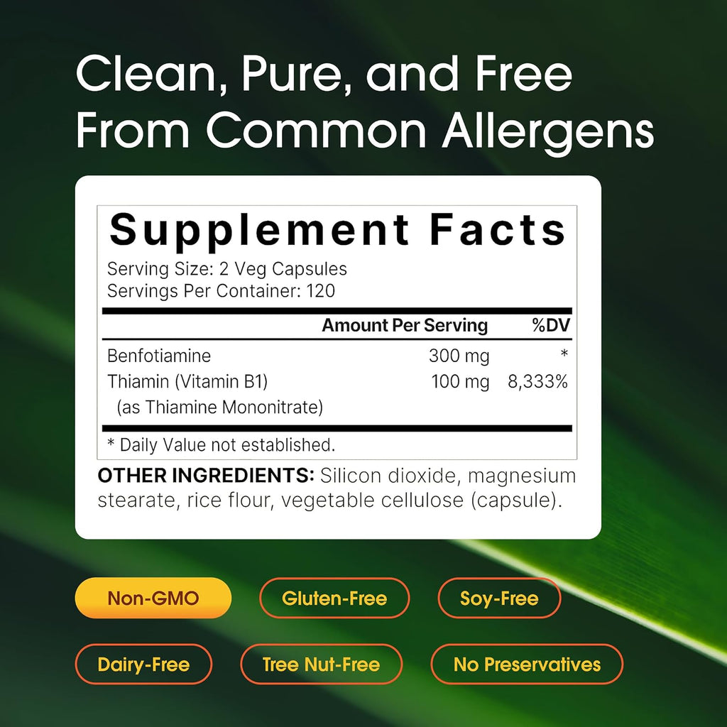 NatureBell Benfotiamina con Tiamina - 240 Cápsulas Vegetarianas - 300mg Benfotiamina y 100mg Tiamina - Complejo de Vitamina B1