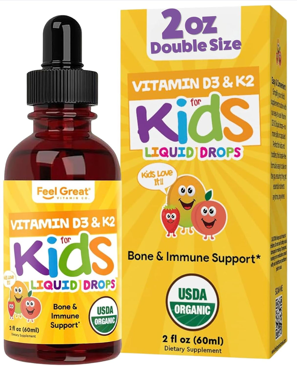 Feel Great USDA Organic Liquid Vitamin D Drops for Infants & Toddlers (2 oz) w/ K2 for Absorption