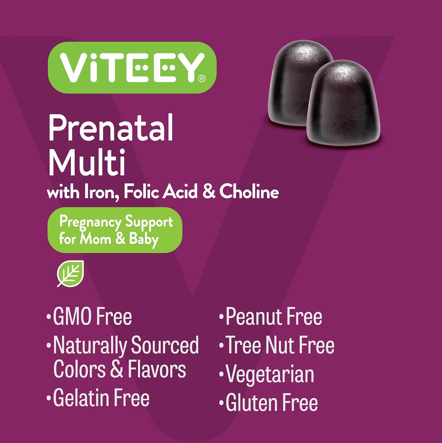 Viteey Prenatal Gummies for Women - Prenatal with Iron | for Pregnancy with Choline & Folic Acid Gummies - Vegetarian, Gluten Free - 60 Count