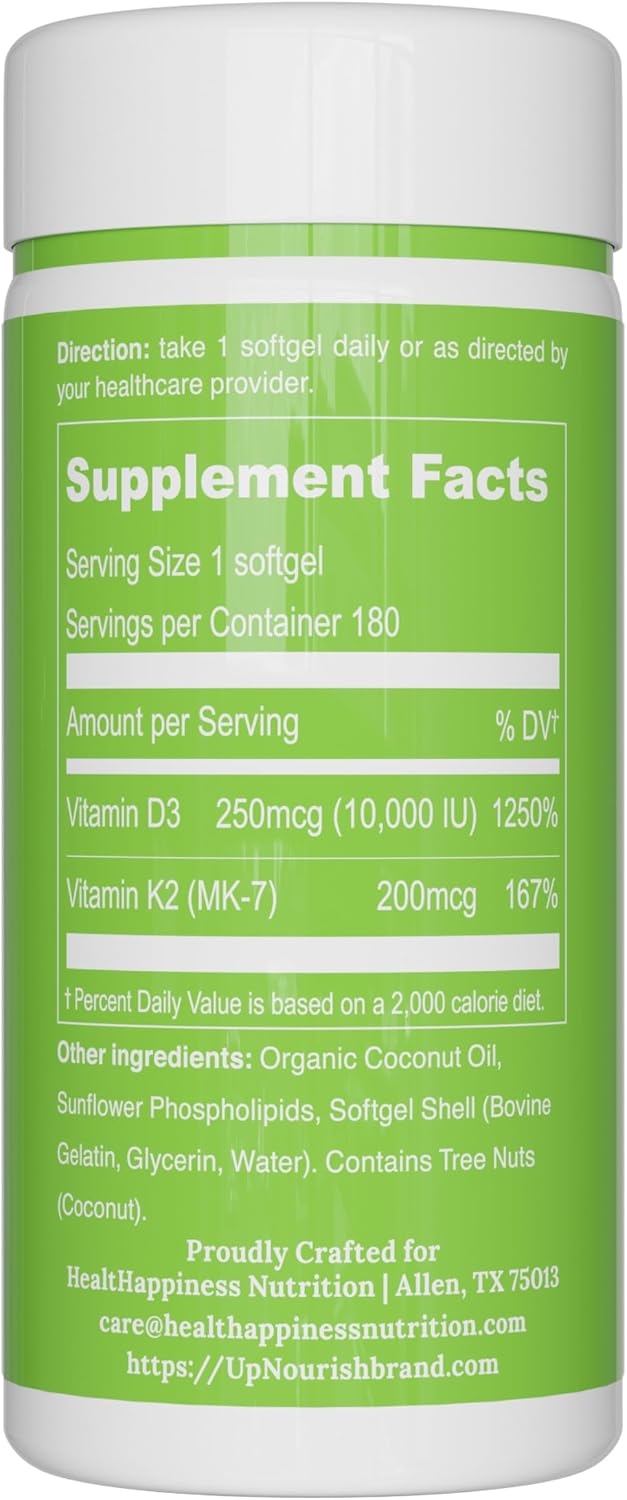 UpNourish Liposomal D3+K2 - 10000 UI D3 + 200 mcg K2 MK-7 (180 Mini Softgels)