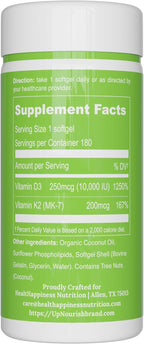 UpNourish Liposomal D3+K2 - 10000 UI D3 + 200 mcg K2 MK-7 (180 Mini Softgels)