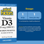 Natural Factors Liquid Vitamin D3 - Immune Support and Bone Health Supplement - 500 doses (15 ml)