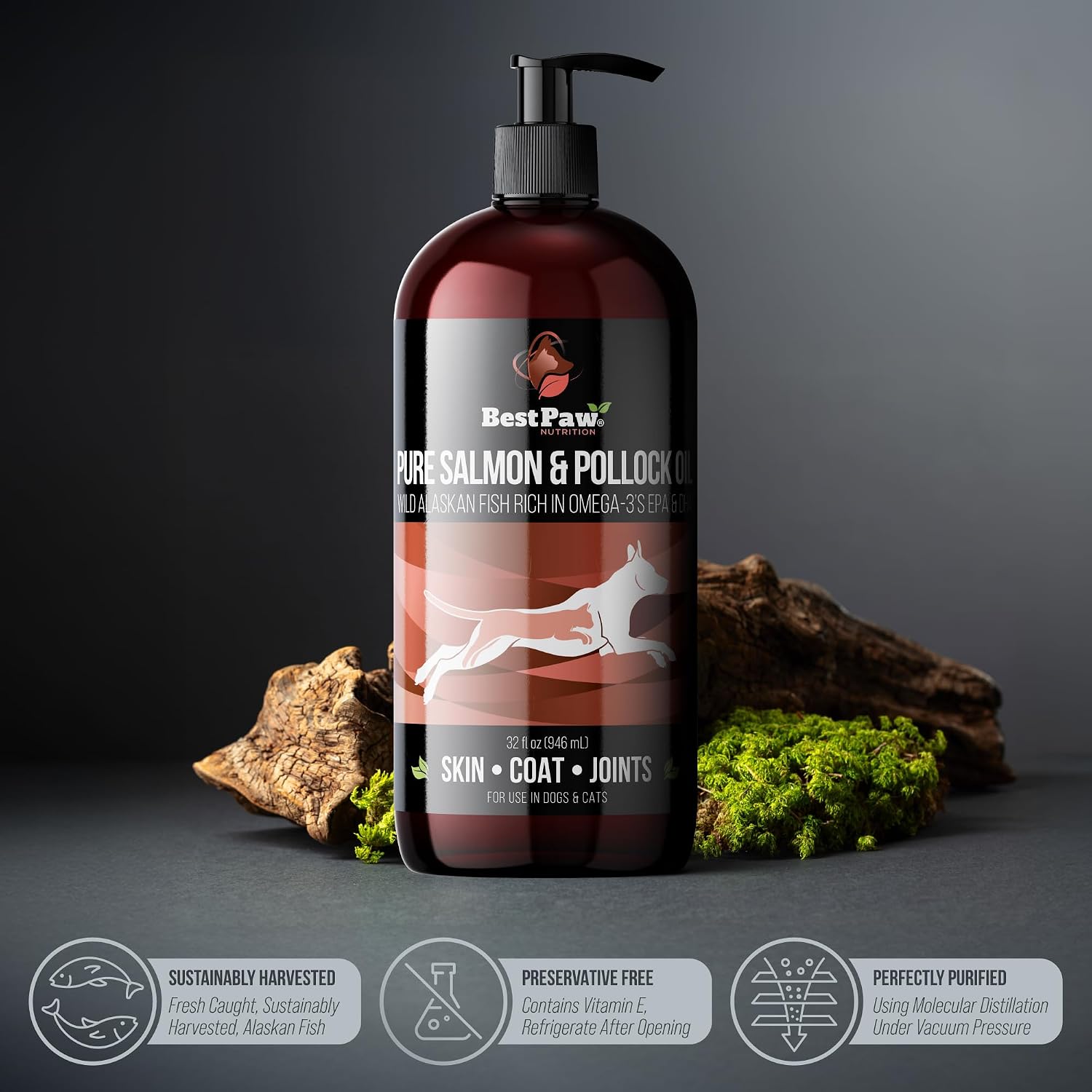 Aceite de Salmón Salvaje de Alaska para Perros | Omega 3 Líquido con Dosificador | Alto Contenido de EPA y DHA | 946 ml