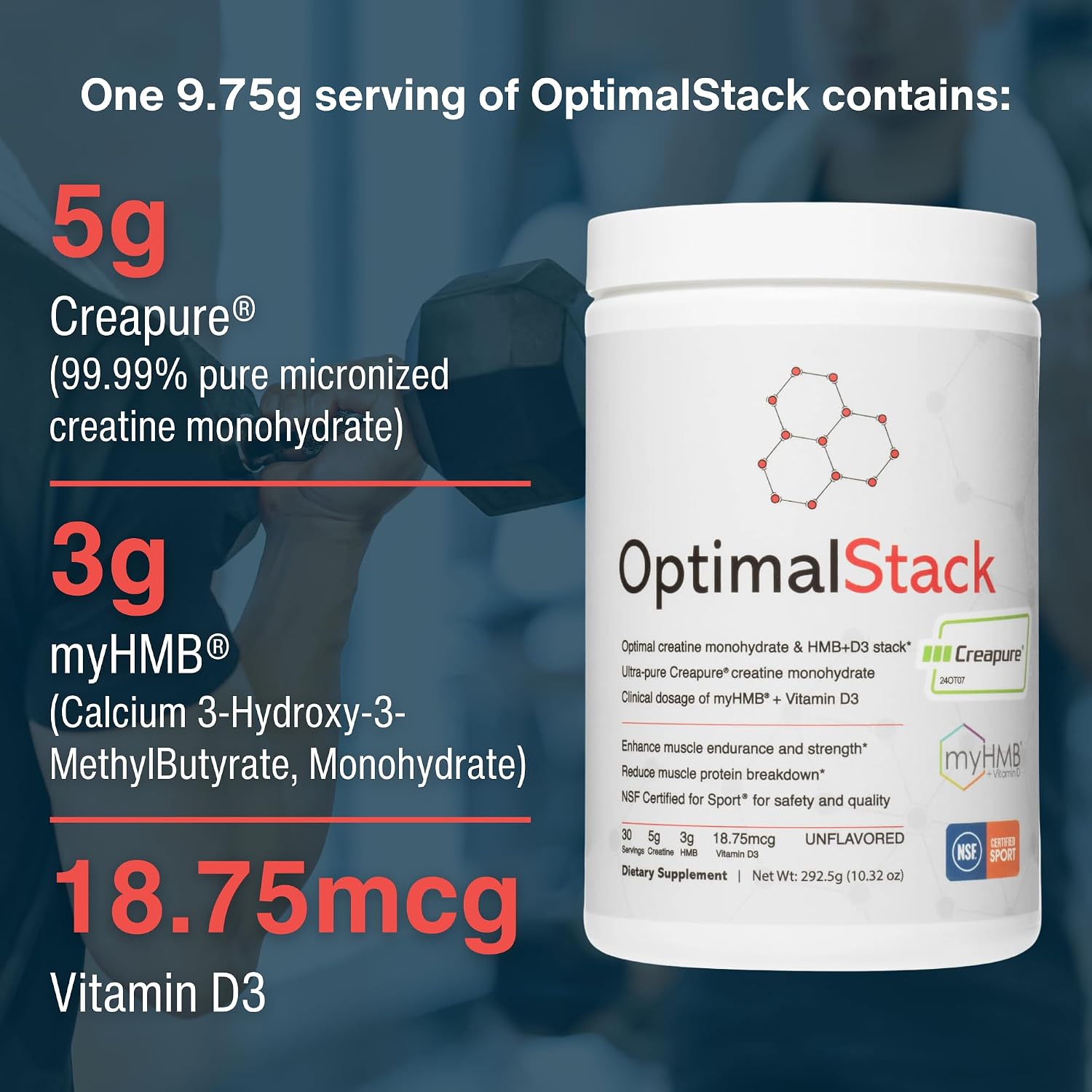 OptimalStack Creatine Monohydrate, HMB y Vitamina D3 - 30 Servicios
