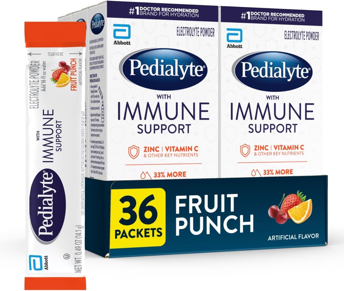 Pedialyte con Apoyo Inmunológico, Polvo de Electrolitos con Vitamina C y Zinc, Hidratación Avanzada, Sabor Punch de Frutas, 24 Sobres
