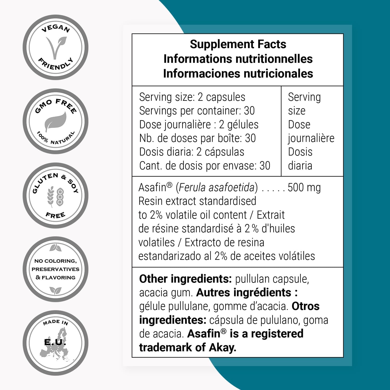 Supersmart - Ferula Asafoetida 500mg al Día (Patented) - Alta Potencia Asafin Ferula Asafoetida - Extracto de Resina Assa Foetida | Sin OGM y Sin Gluten - 60 Cápsulas Vegetales