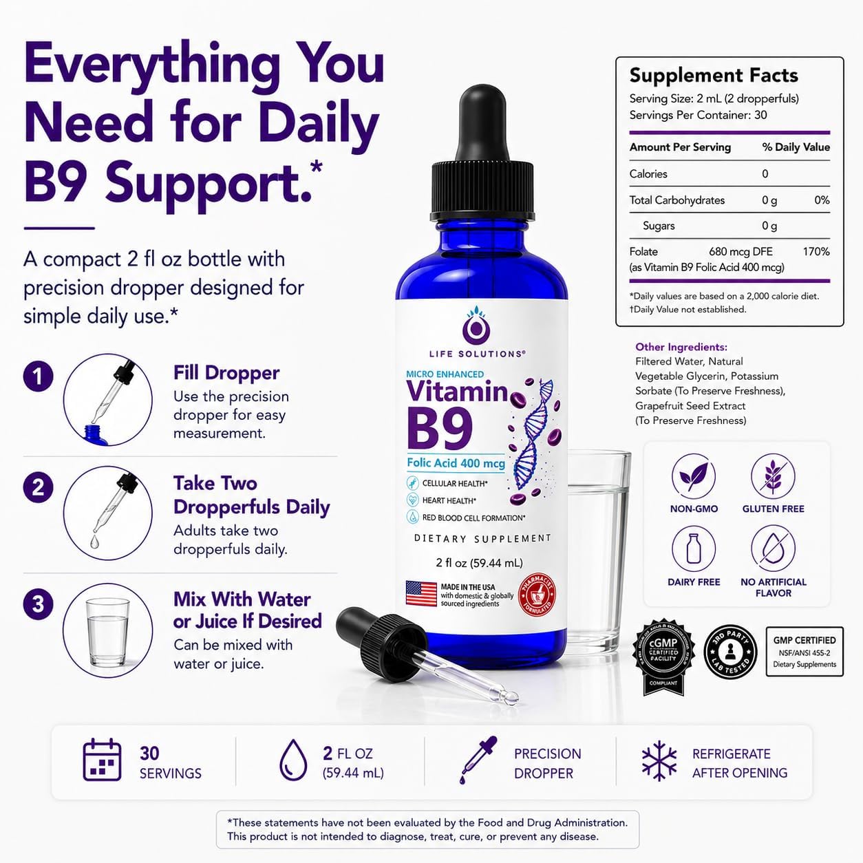 Life Solutions Vitamin B9 Gotas Líquidas de Ácido Fólico 400 mcg, 60 ml