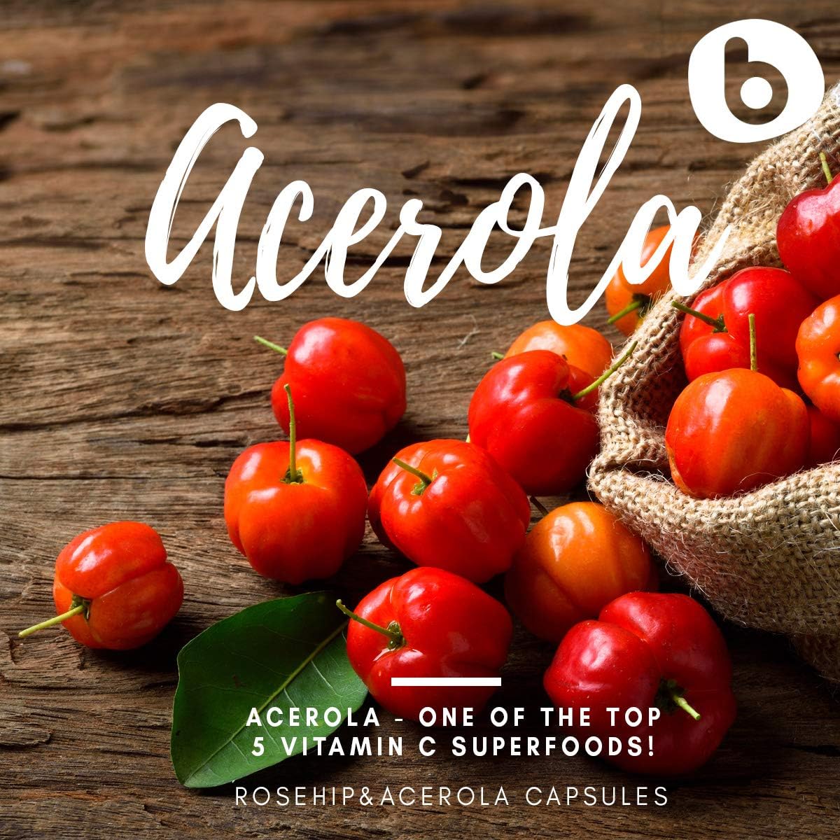 b Natural Cápsulas de Rosa Mosqueta y Acerola - Vitamina C vegetal 1000 mg - Sin ácido ascórbico - 90 cápsulas veganas