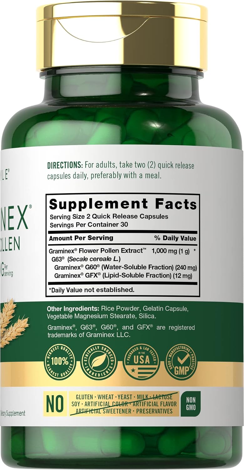 Carlyle Extracto de Polen de Flores Graminex | 1000 mg | 60 Cápsulas | Sin Gluten y No OGM