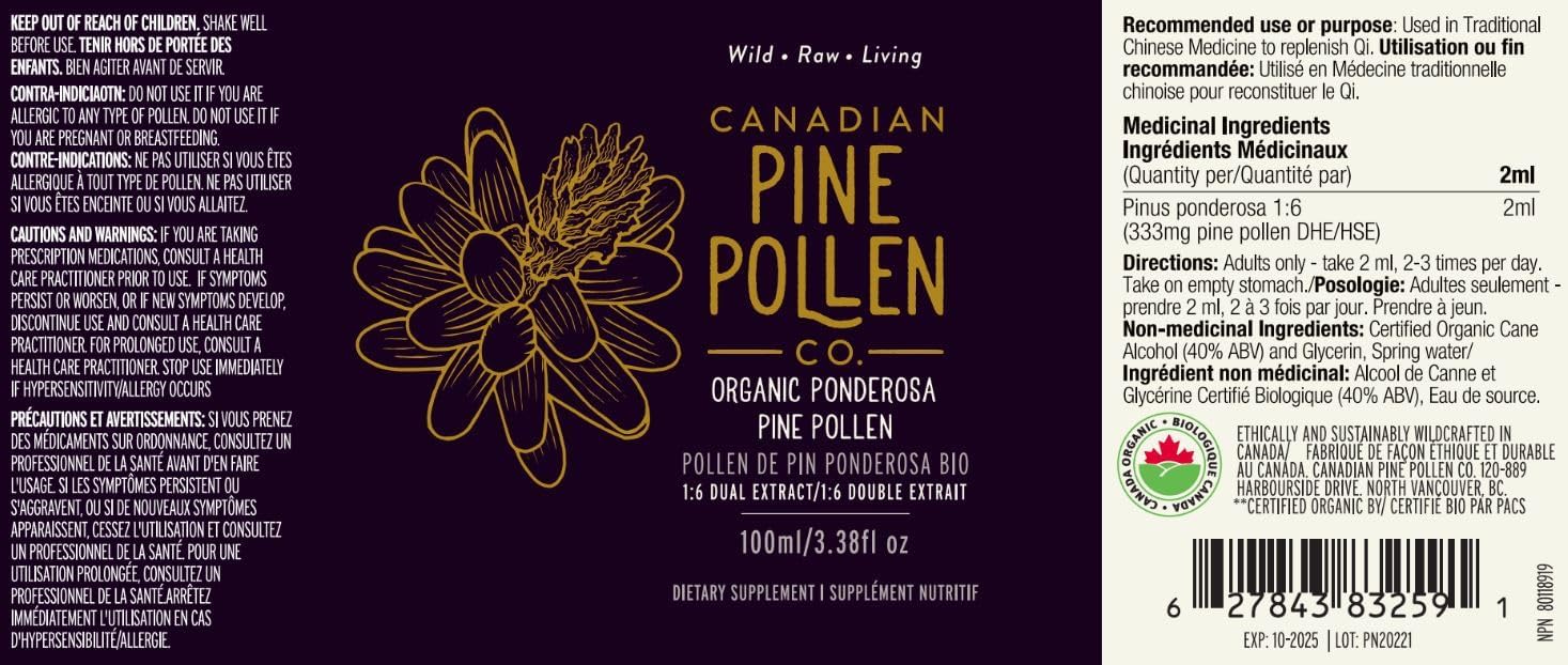 Tintura de Polen de Pino - 100% Polen de Pino Ponderosa Silvestre Canadiense 100 ml