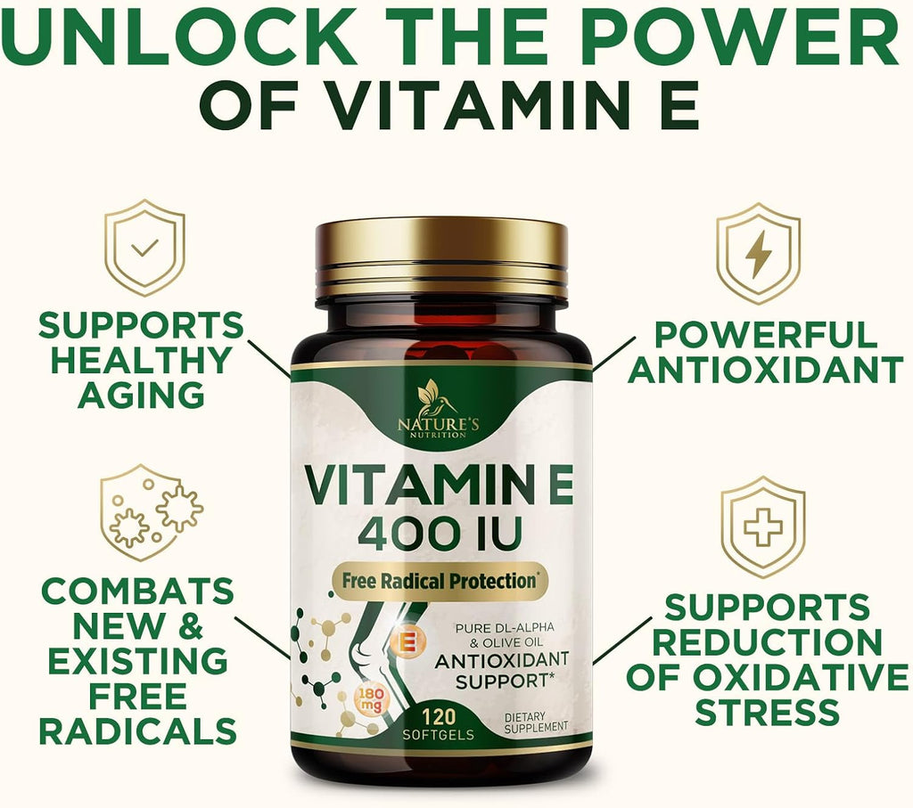 Vitamina E 180mg con dl-Alfa Tocoferol - Suplemento Antioxidante para la Piel, Corazón y Sistema Inmunitario - 120 Cápsulas Blandas