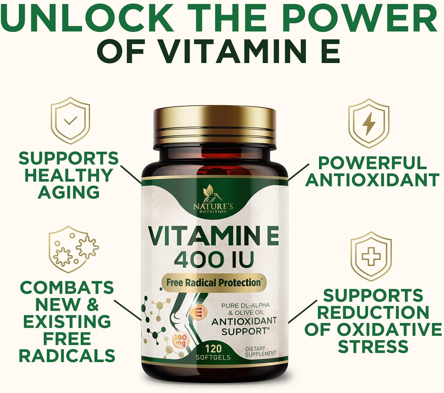 Vitamina E 180mg con dl-Alfa Tocoferol - Suplemento Antioxidante para la Piel, Corazón y Sistema Inmunitario - 120 Cápsulas Blandas