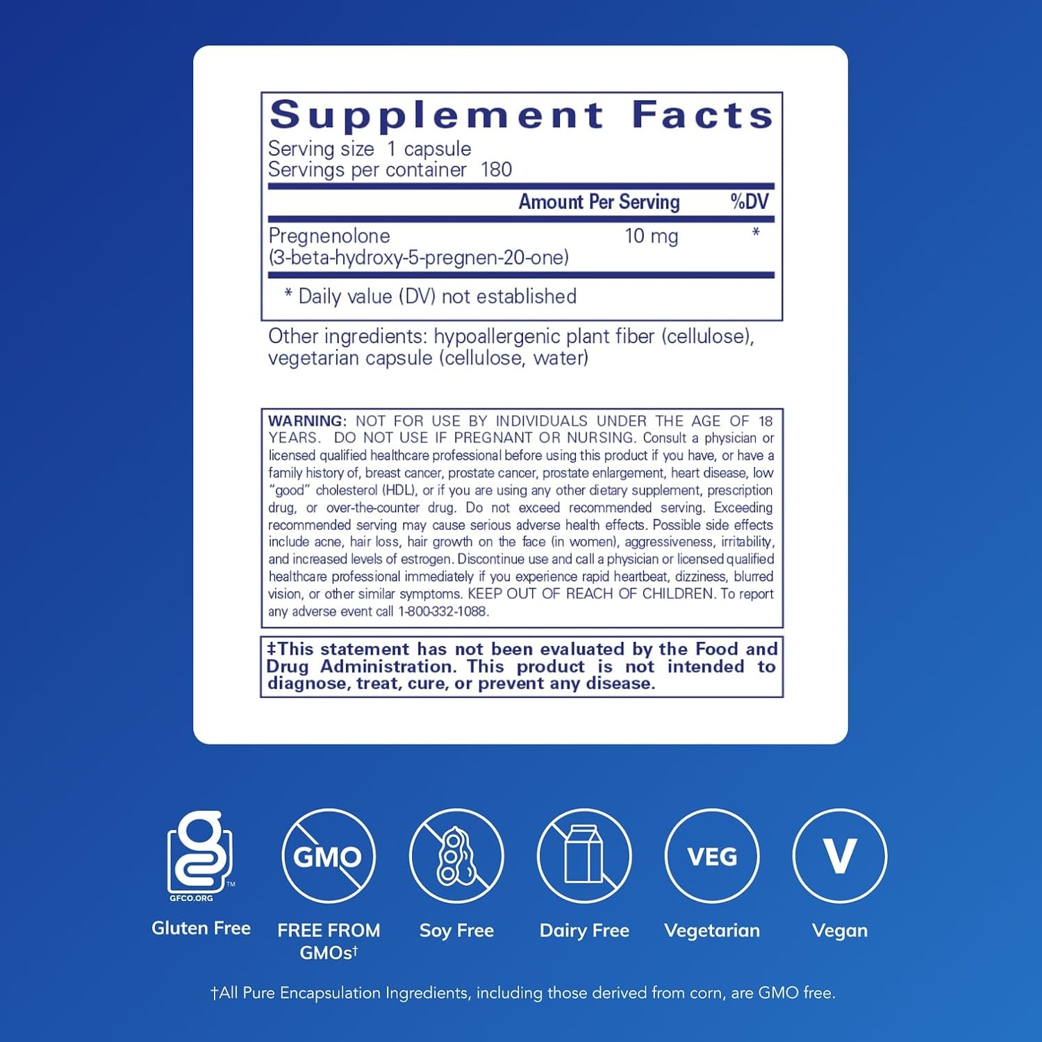Pure Encapsulations Pregnenolona 10 mg - 180 Cápsulas
