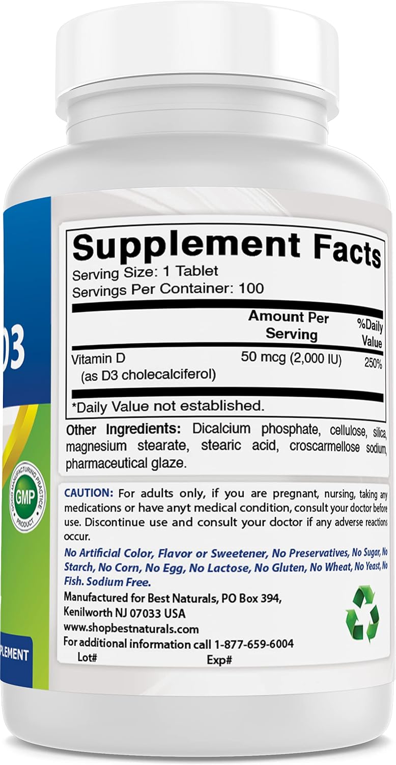Best Naturals Vitamina D3 2000 UI (50 mcg) - 100 Comprimidos - Pack de 2